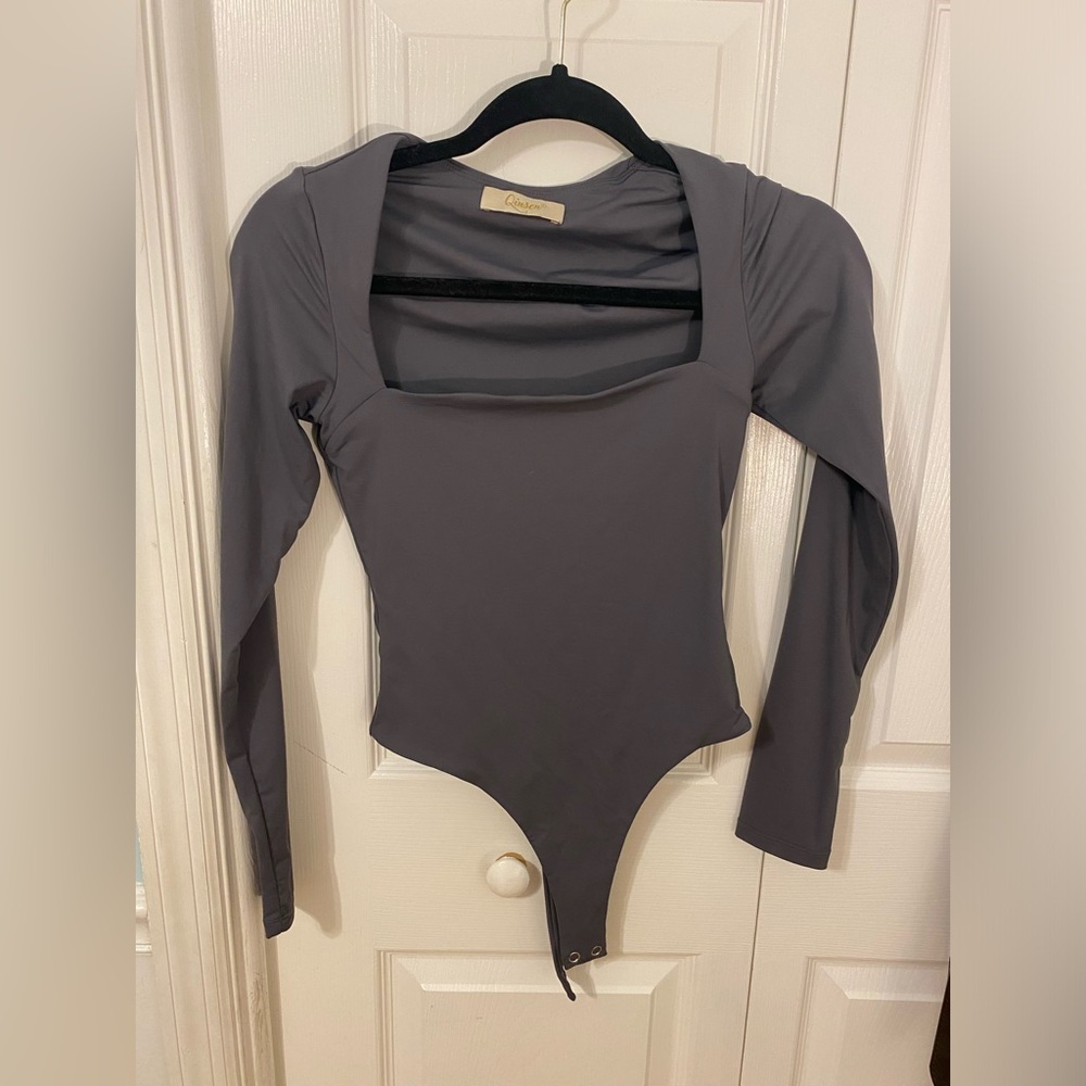 QINSEN Women's Sexy Square Neck Bodysuit Long Sleeve Double Lined Shirt Tops